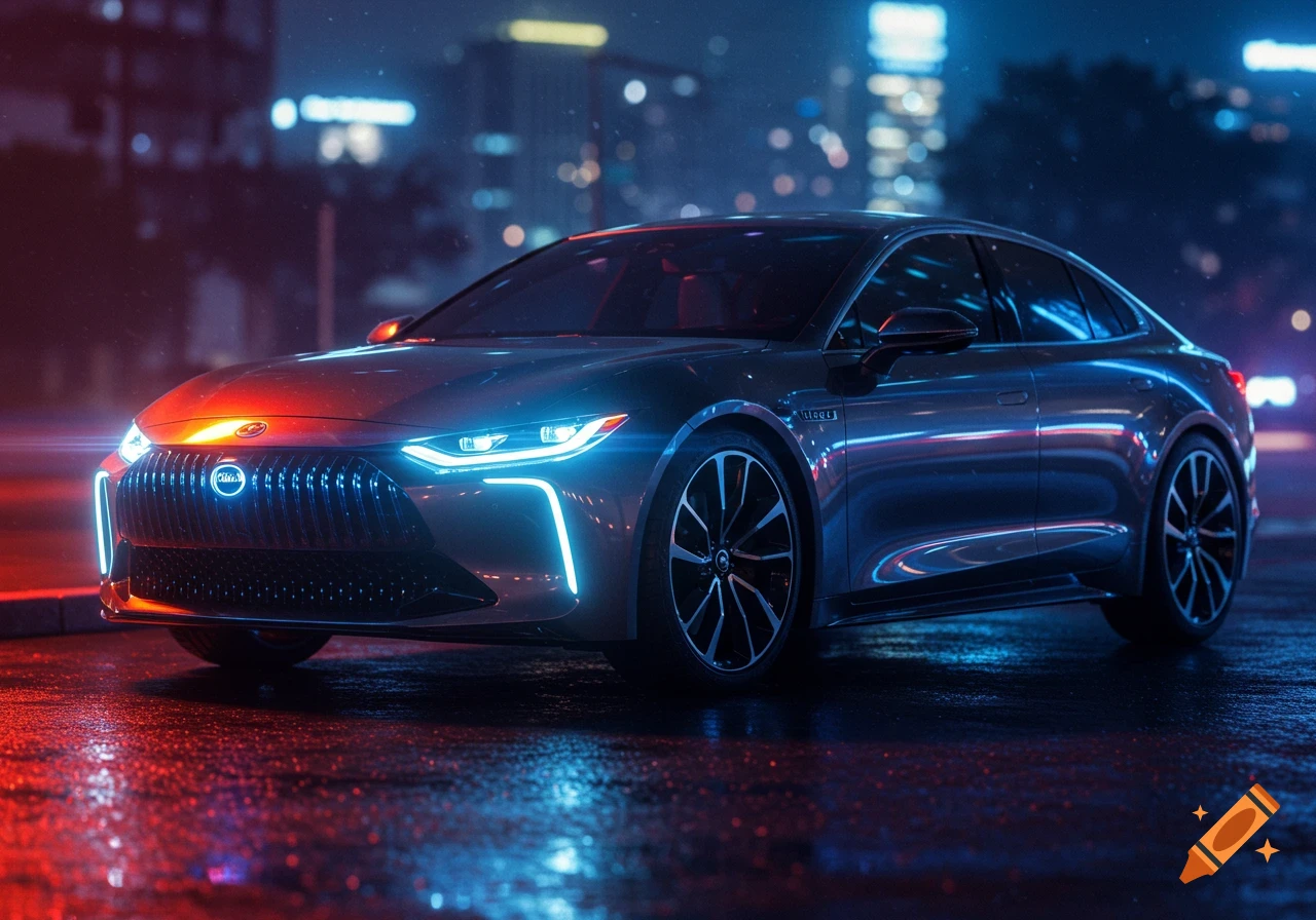 A modern silver sedan with striking blue and red neon lights on a wet city street at night, with blurred urban lights in the background.