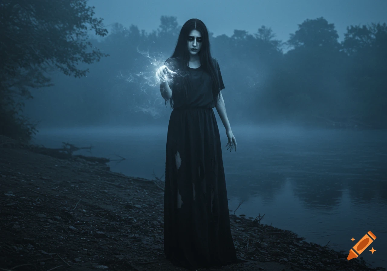 A pale, ghostly woman with dark hair and makeup, wearing a torn black dress, stands by a misty lake with glowing energy in her hand.