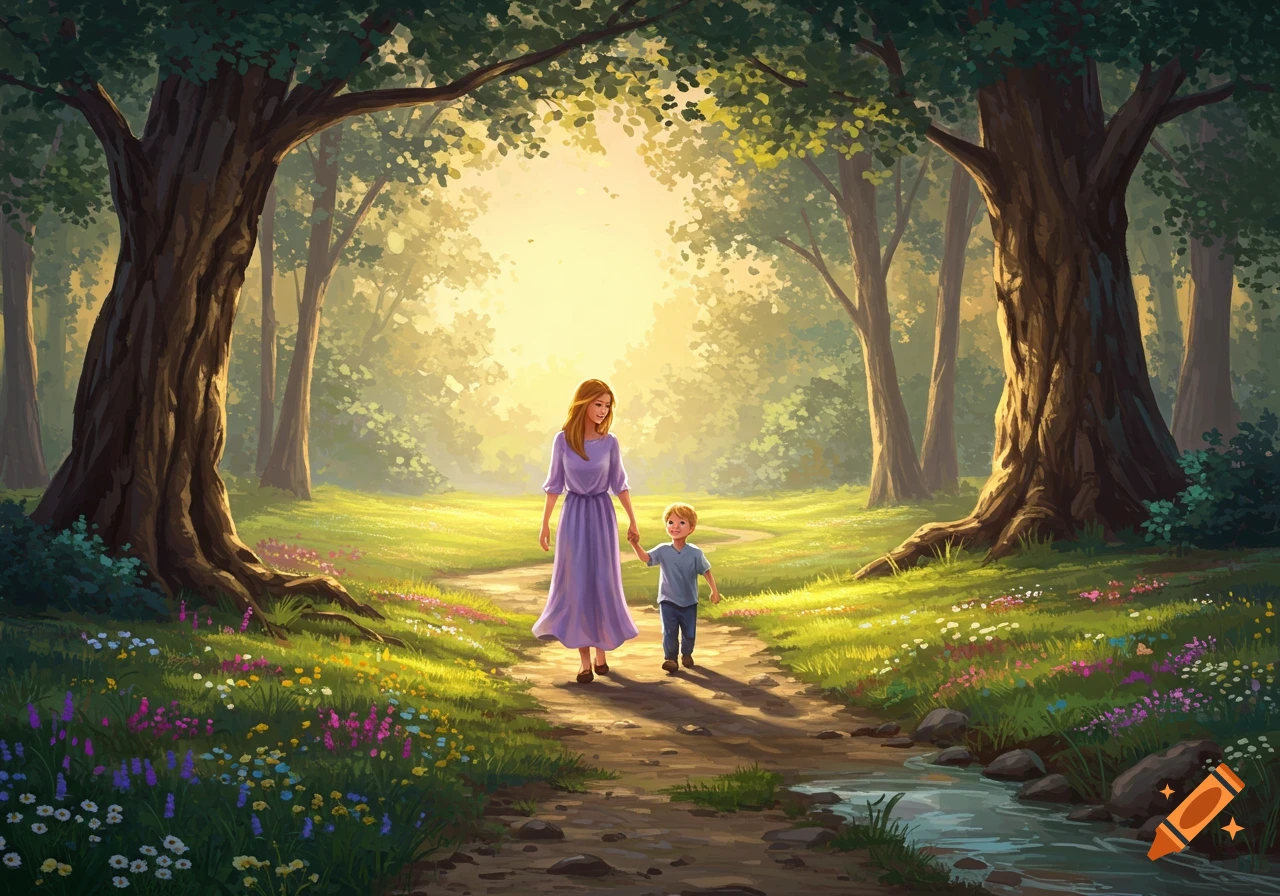 An illustrated mother and son walk hand-in-hand on a path in a sun-drenched forest with wildflowers.