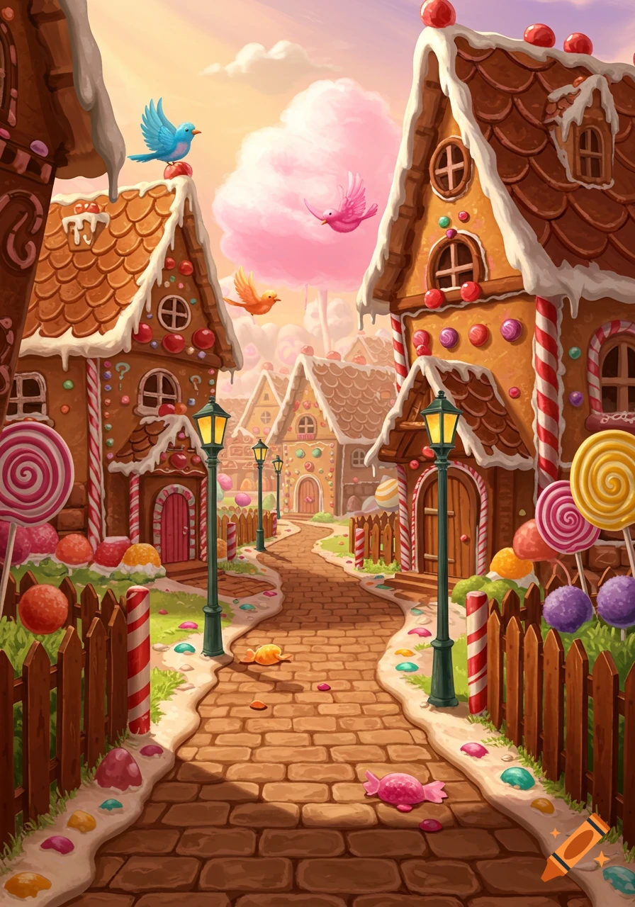 A vibrant fantasy landscape depicting a candy neighborhood with gingerbread houses, lollipops, and a brick path under a colorful sky.