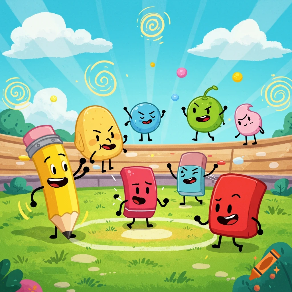 Cartoon objects like a pencil, potato, and erasers with faces play on a grassy field in a stadium.