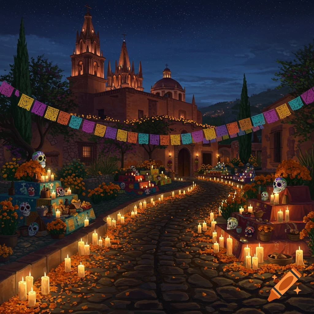 A Dia de los Muertos celebration at night, with a cobblestone path lined with candles and marigold petals leading to a Spanish hacienda and church. Sugar skulls adorn altars along the path, and colorful papel picado banners hang overhead.