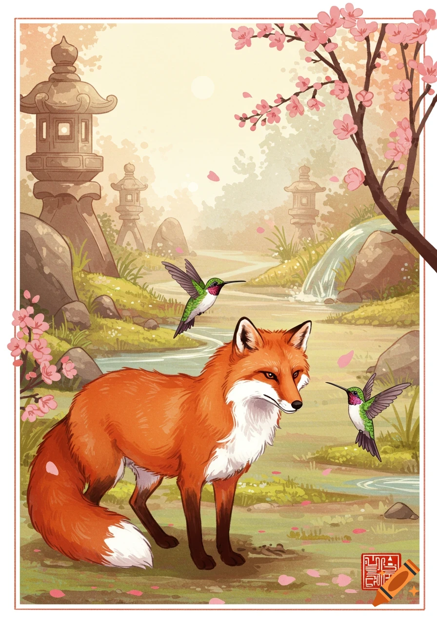 Japanese style illustration of a red fox and two hummingbirds in a serene garden with cherry blossoms and stone lanterns.