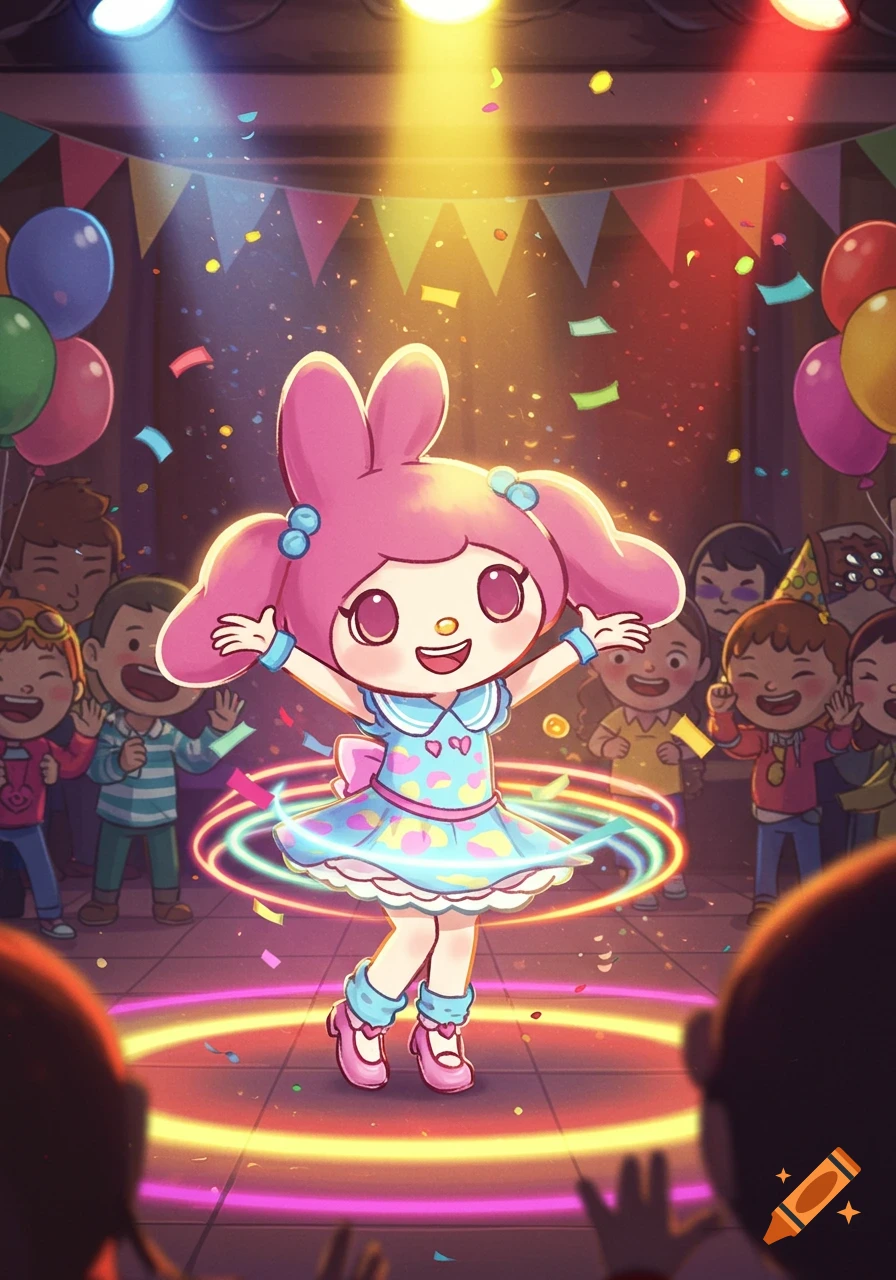 A cheerful pink-eared Melody cartoon character dances center stage at a vibrant party, surrounded by confetti and cheering children in an anime style.