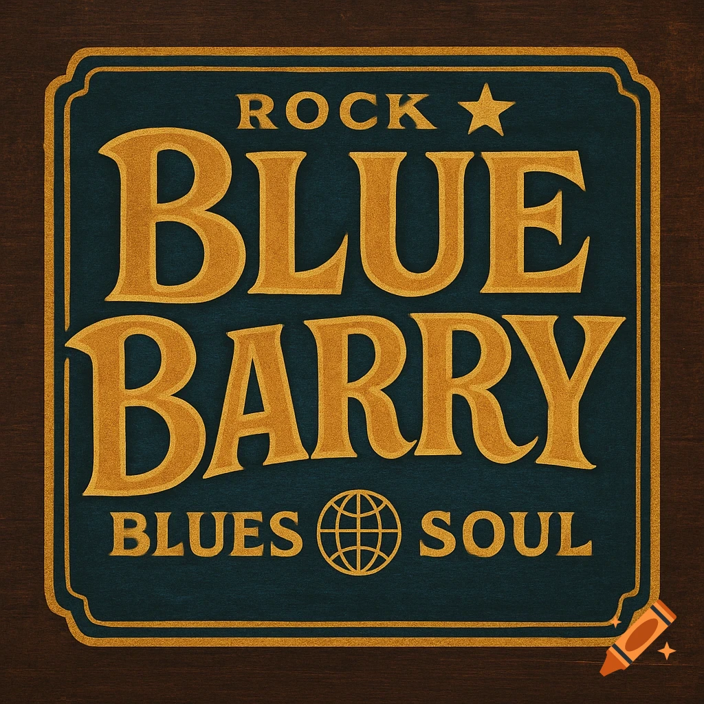 A vintage-style band logo in gold and dark teal featuring the words "ROCK", "BLUE BARRY", "BLUES", and "SOUL" with a globe icon, set on a dark wood background.