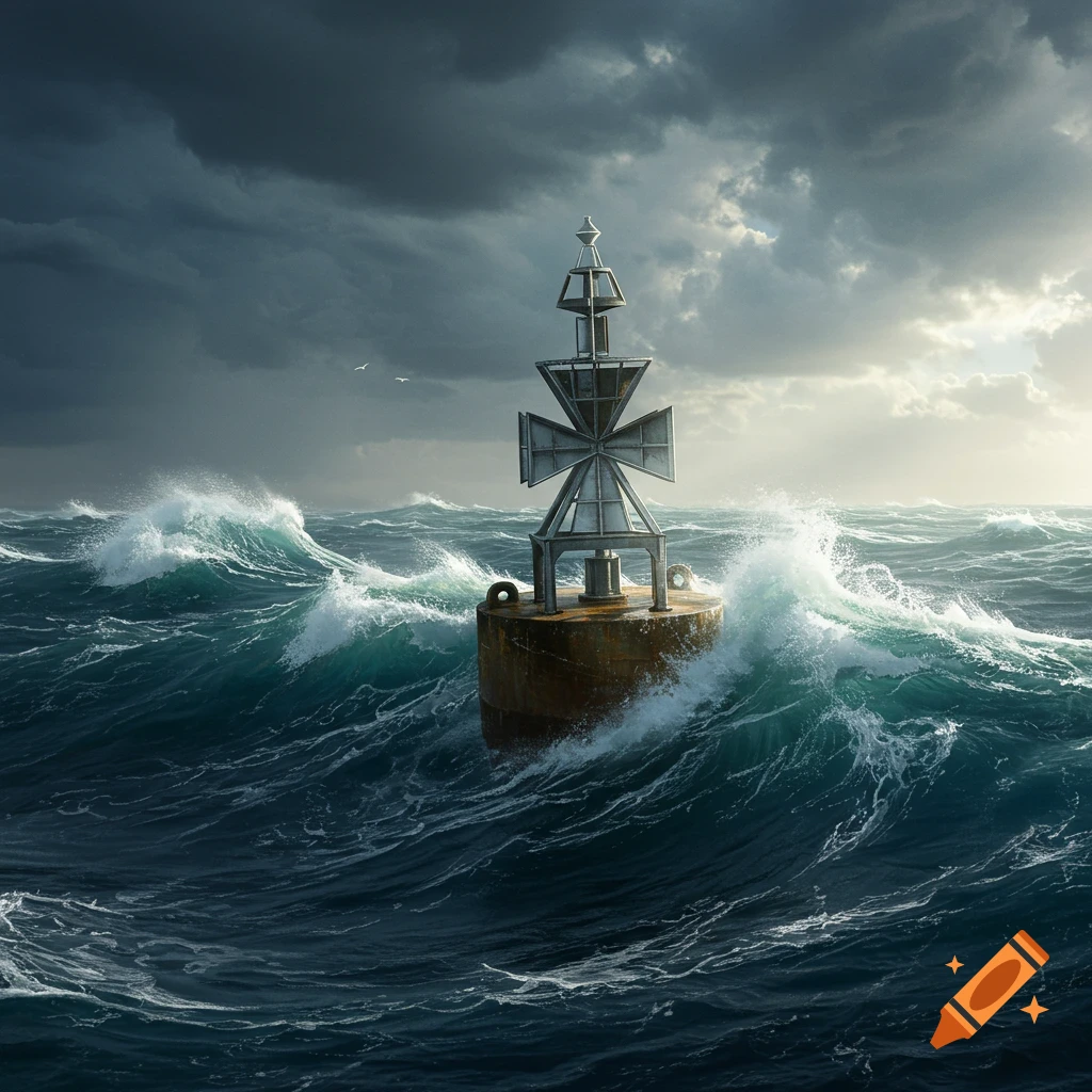A photorealistic navigational buoy with a Cross of Lorraine symbol in rough seas under a stormy, dramatic sky.
