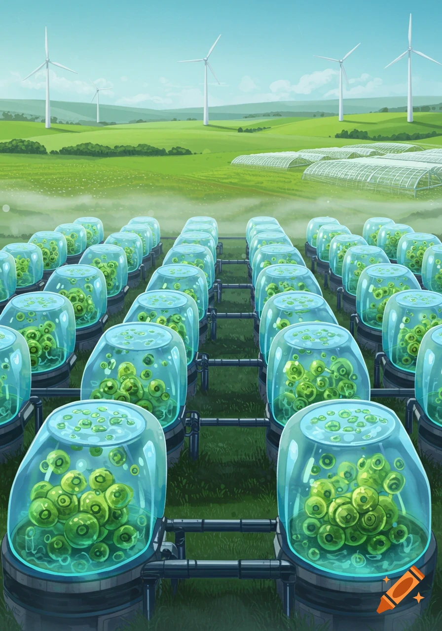 A futuristic farm scene with rows of glowing plant pods, wind turbines, and greenhouses in a lush green landscape.