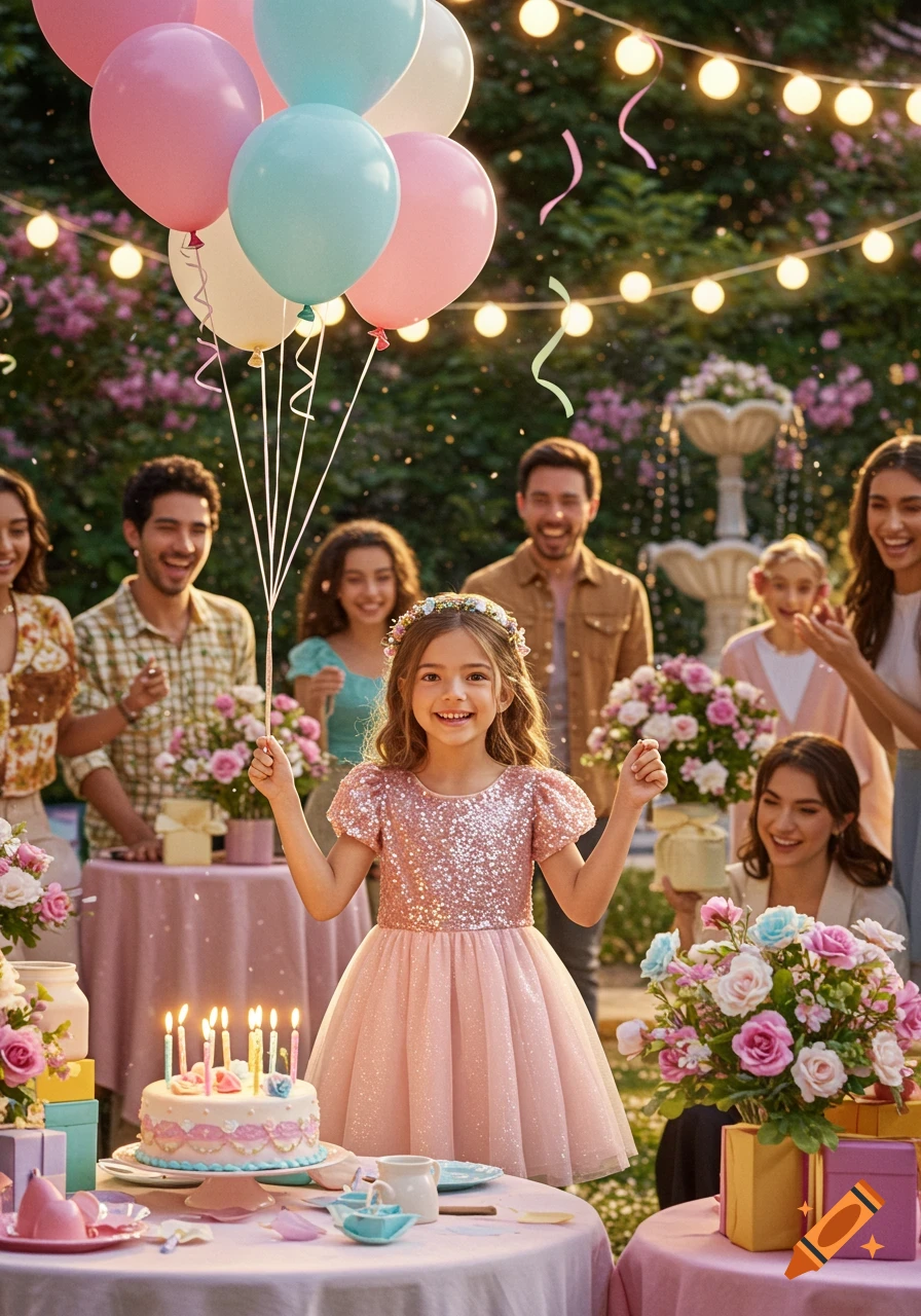 A young girl in a sequined pink dress smiles, holding balloons at her outdoor birthday party with family and friends.