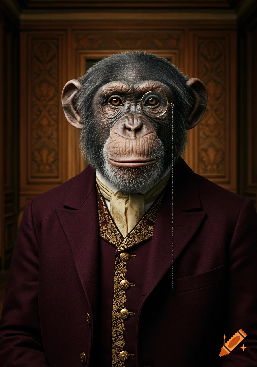 Photorealistic portrait of a chimpanzee wearing a maroon Victorian suit, gold vest, and a monocle, against a wooden paneled wall.