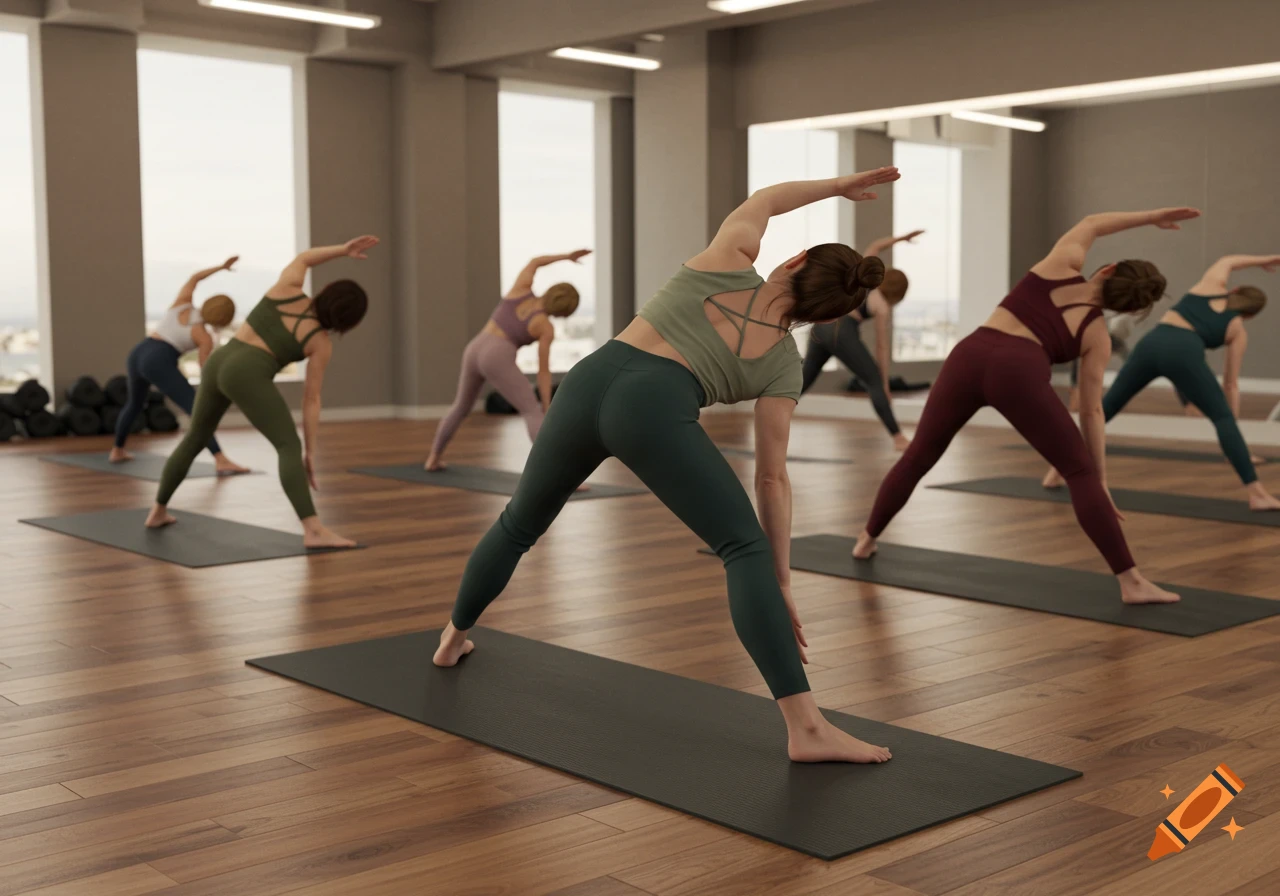 A group of women perform a yoga pose in a modern studio with wooden floors, seen from behind. Photorealistic.