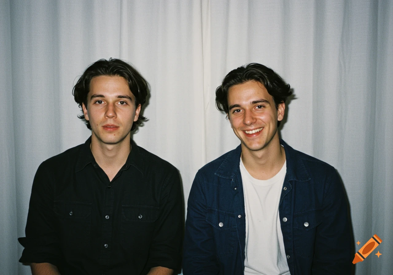 Two young men in casual shirts stand against a white curtain in a snapshot-style photo.