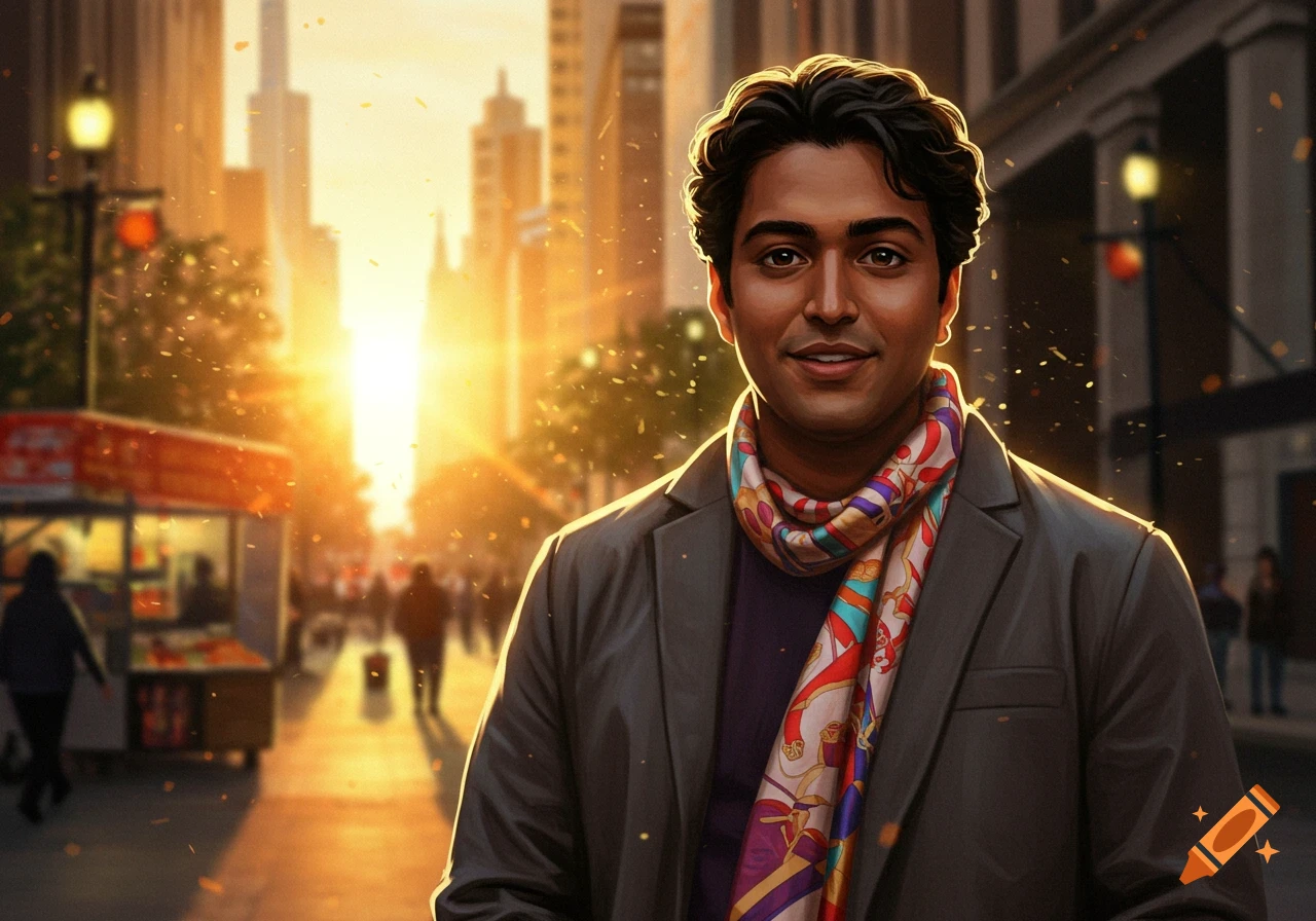 Smiling man with dark wavy hair and a colorful scarf in a golden-lit city street at sunset.