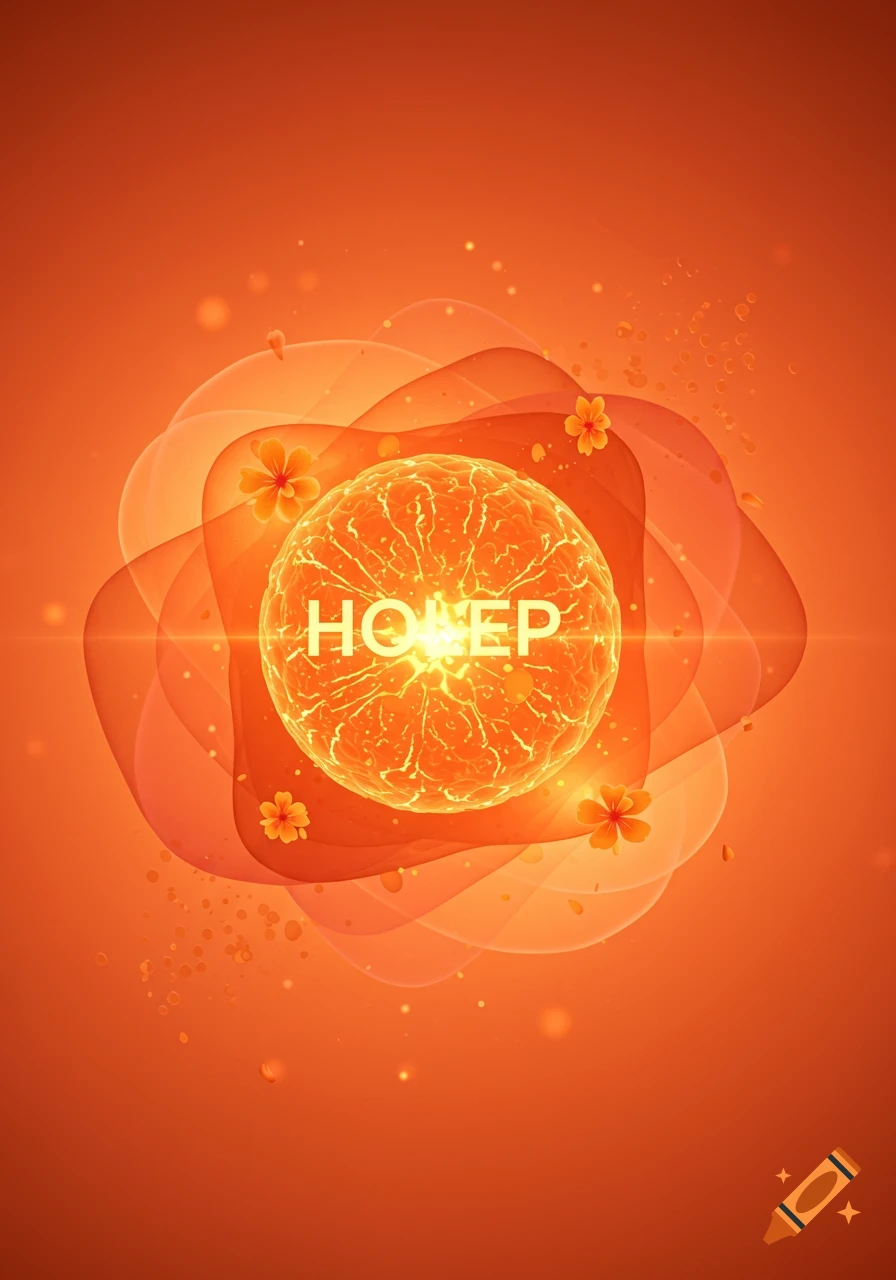Abstract glowing orange orb with 'HOLEP' text, surrounded by soft waves, small flowers, on an orange background.