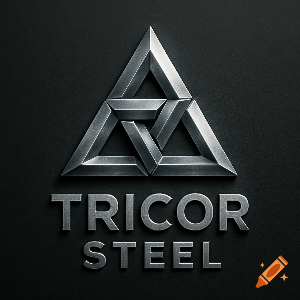 Metallic TriCor Steel logo featuring an interlocking triangular design on a dark background.