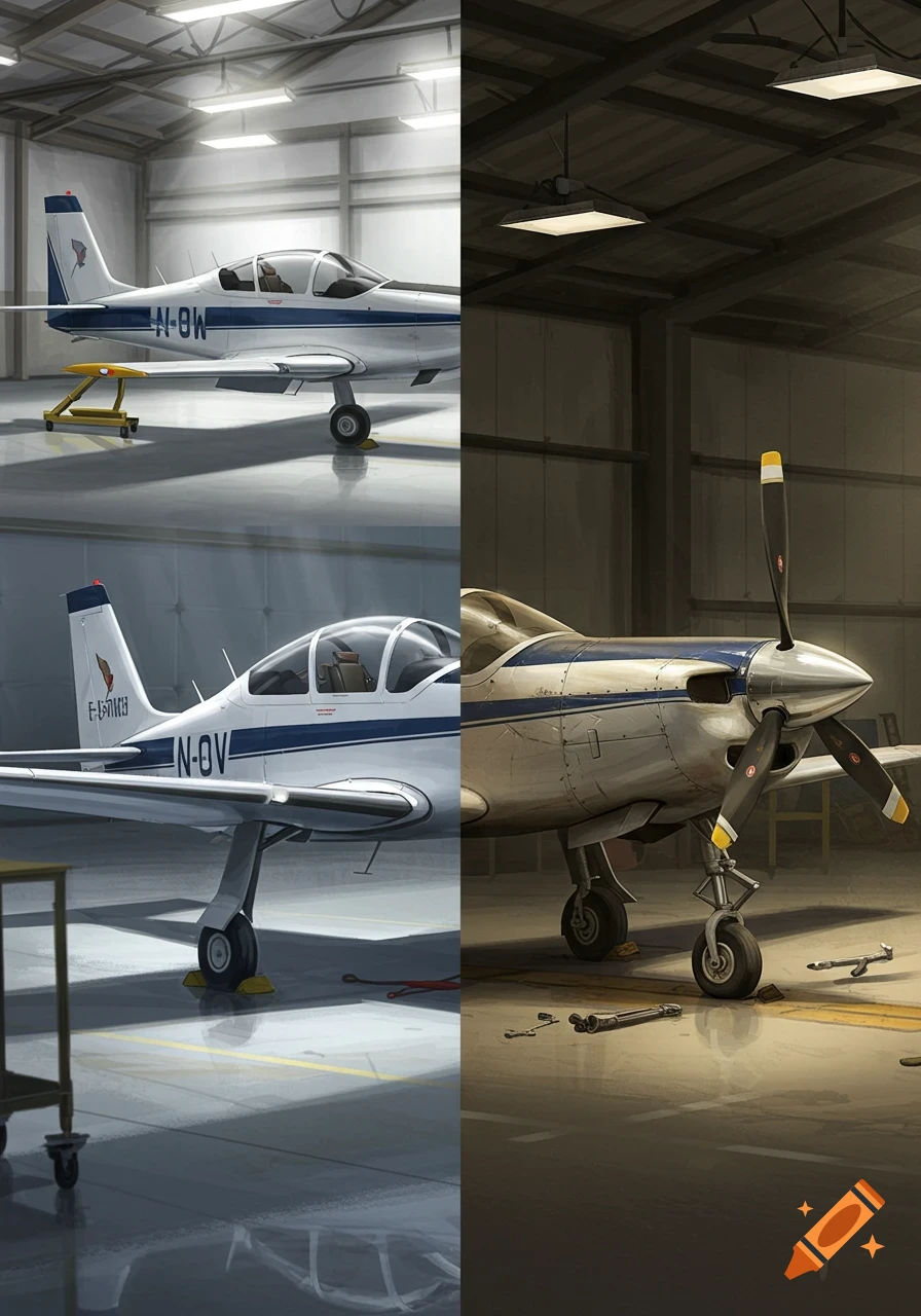 Split screen image showing two small propeller planes in a hangar. The left side features a clean, airworthy white and blue plane. The right side shows the same model plane with a flat front tire and a damaged propeller.