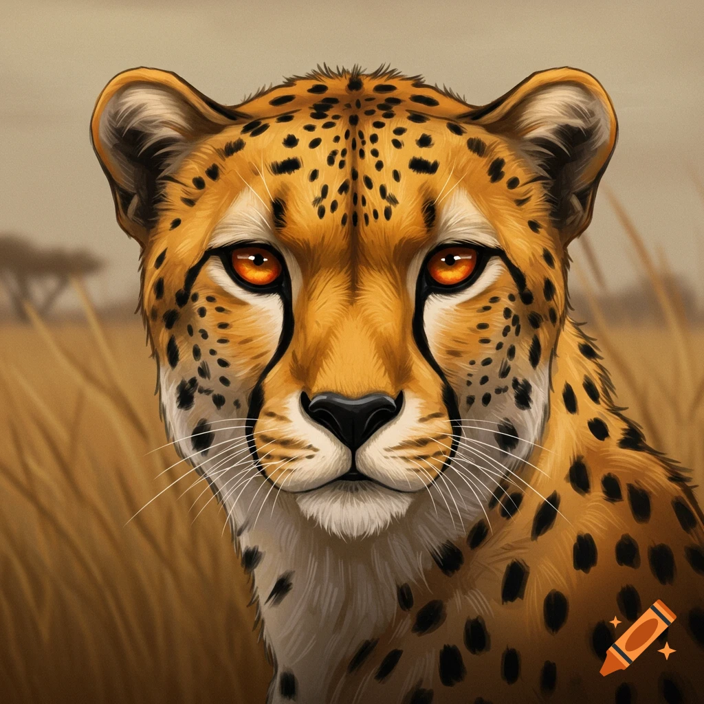 Close-up illustration of a cheetah's face with bright orange eyes, looking directly forward in a savanna setting.
