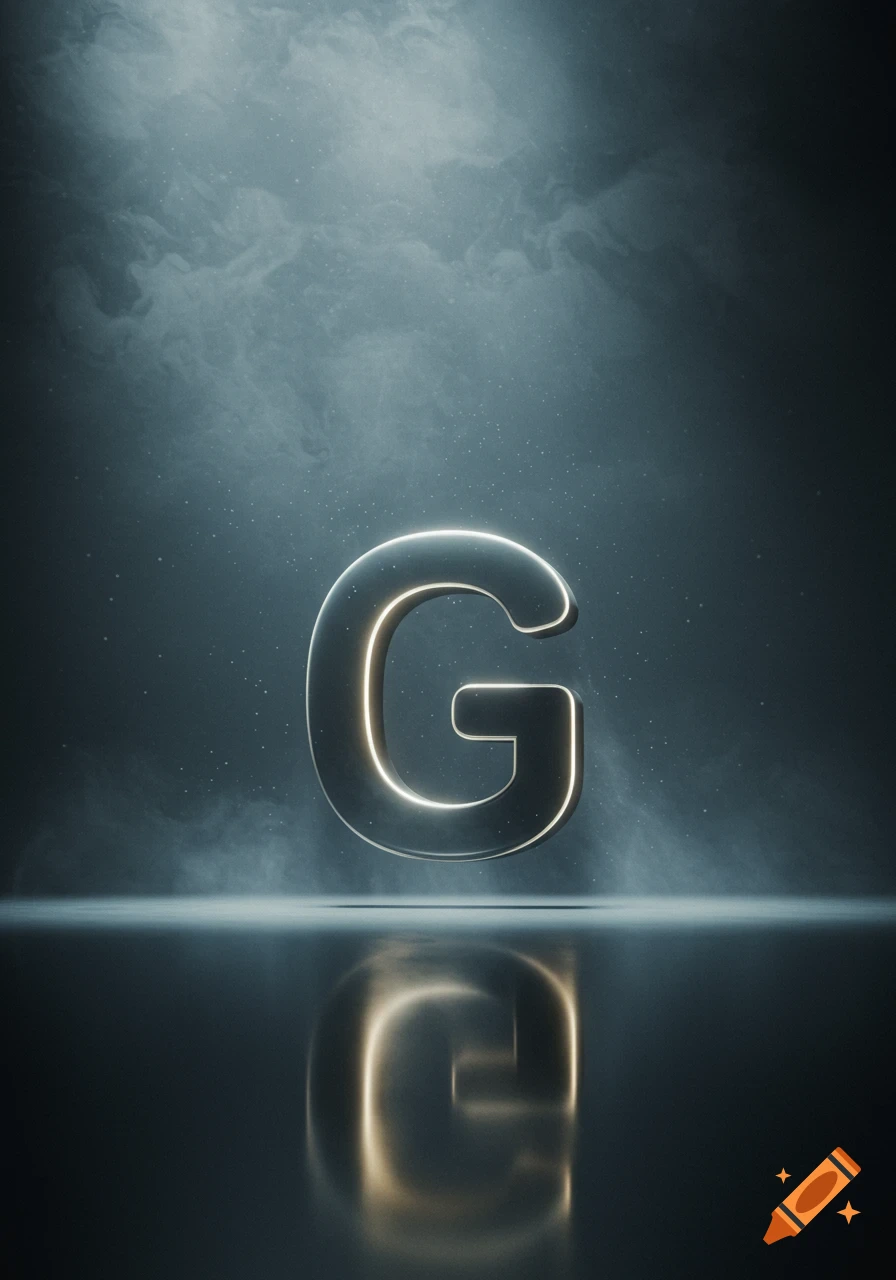 A glowing, metallic letter 'G' with a light outline, reflected on a dark, smoky surface with scattered light particles.