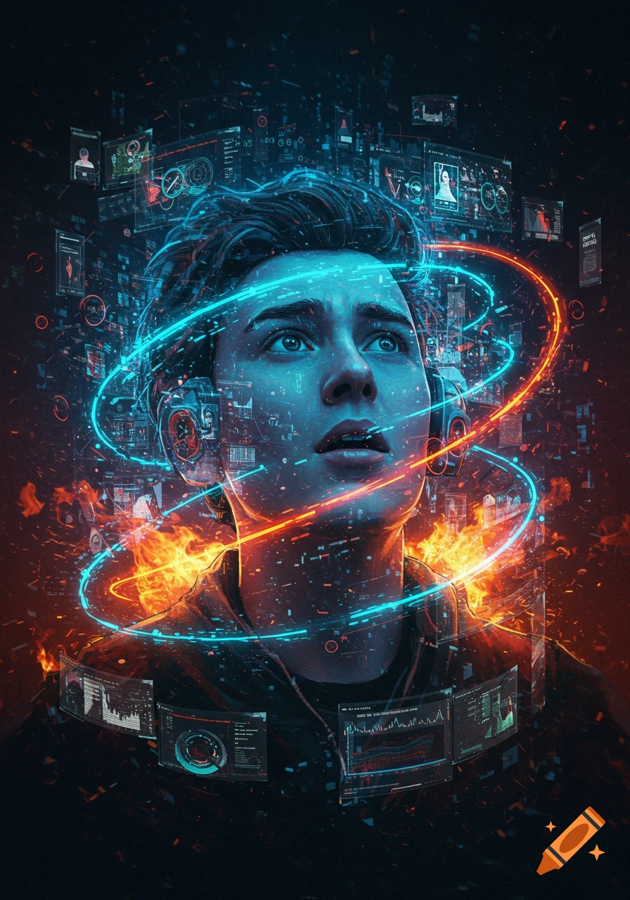 A young man looking up, surrounded by neon blue and orange light trails, fire, and holographic digital interfaces in a dark, sci-fi style.