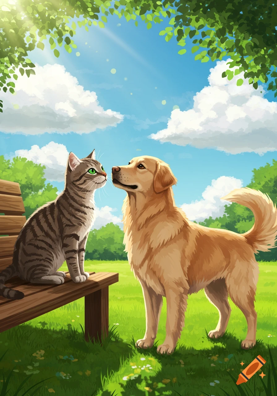 An illustration of a tabby cat sitting on a bench, looking at a golden retriever standing on sunny green grass in a park.