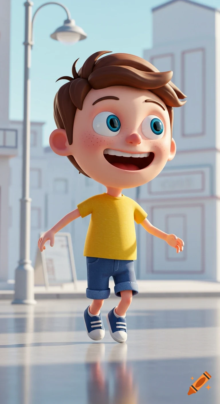 A happy 3D cartoon boy with brown hair, blue eyes, and a yellow shirt walks on a street.