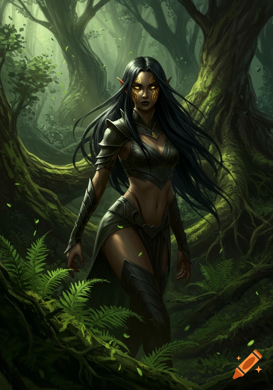 An elven huntress with long black hair, golden eyes, and dark armor stands in a lush, ancient forest.