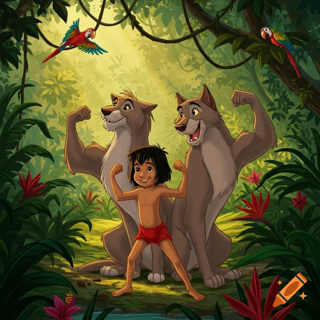 Mowgli and two large, muscular wolf-like figures flex their biceps in a lush, vibrant cartoon jungle. Colorful parrots fly overhead.
