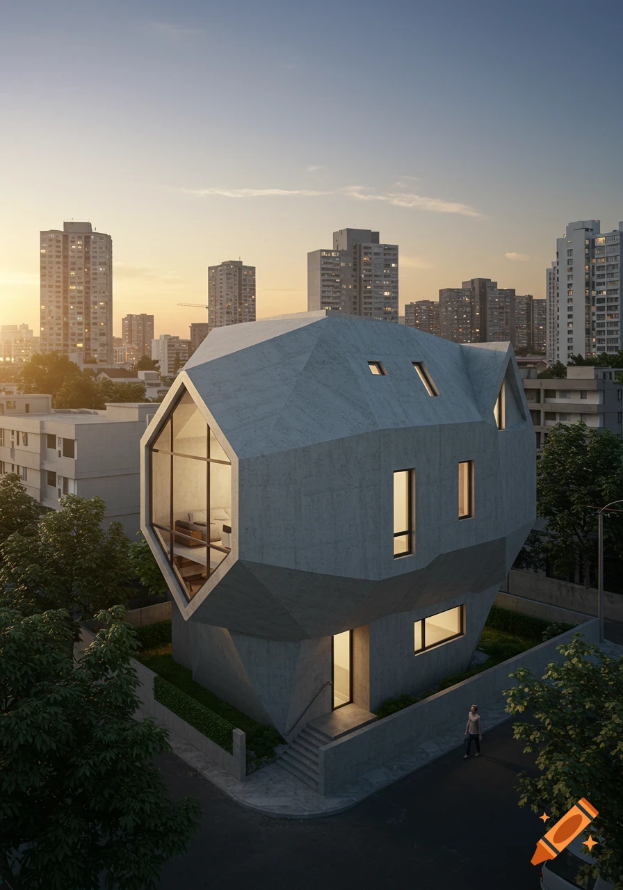 A photorealistic rendering of a unique, faceted concrete house in a city at sunset.