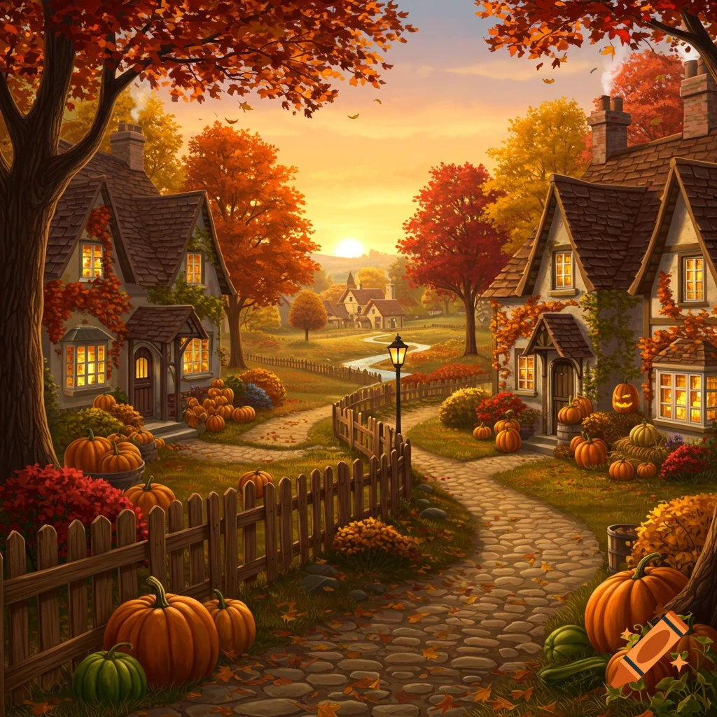 Thomas Kinkade Painting of a Byzantine Style Village in an Autumn Forest  created on Craiyon, image size:1024x1024