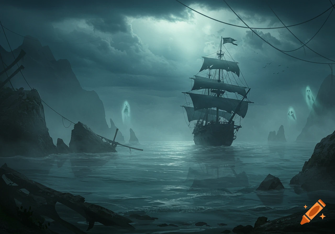 A dark, atmospheric painting of a pirate ship sailing on a misty, choppy sea past rocky islands with glowing ghosts.