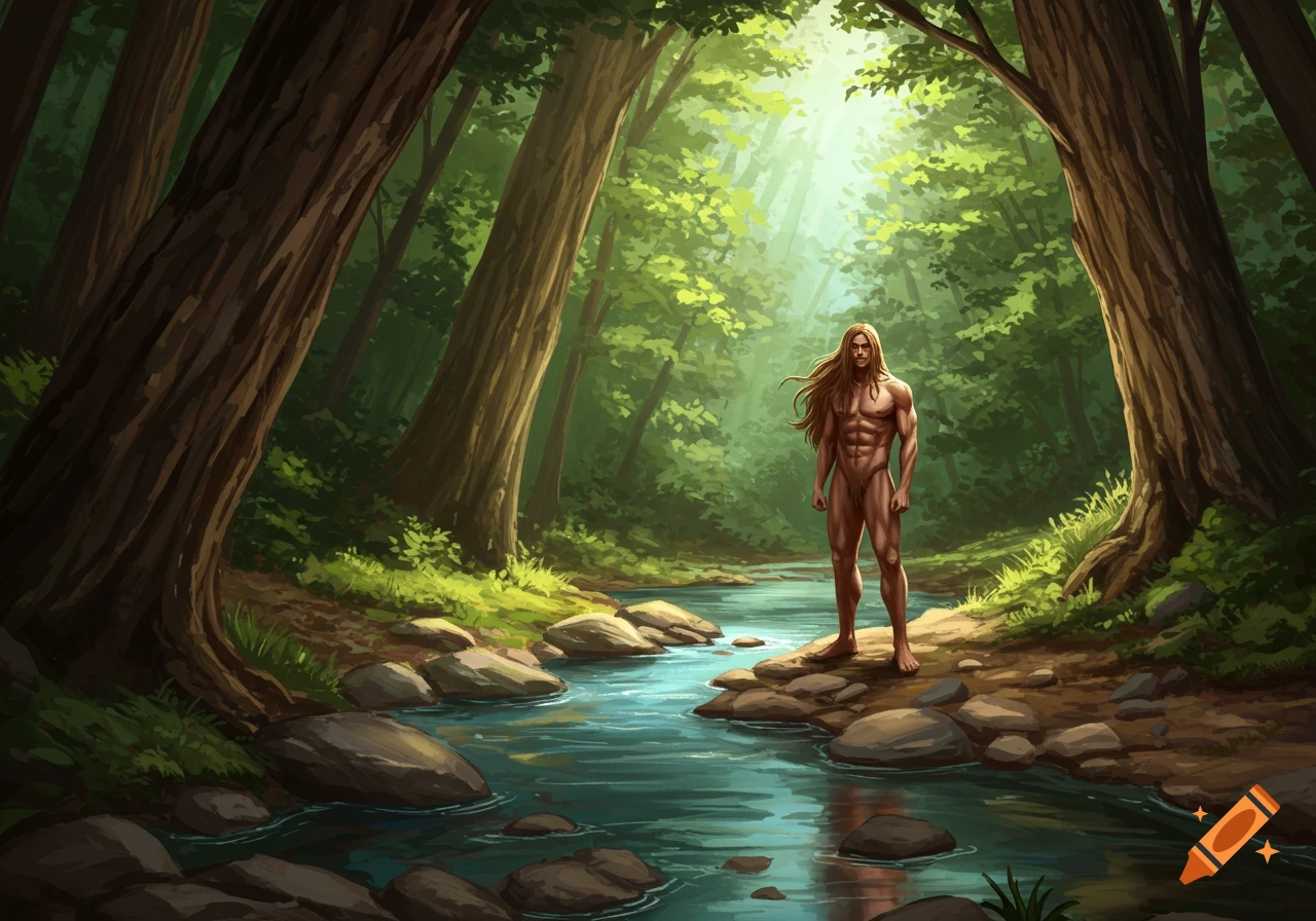 Illustrative painting of a long-haired man standing nude by a clear creek in a sunlit, vibrant green forest.