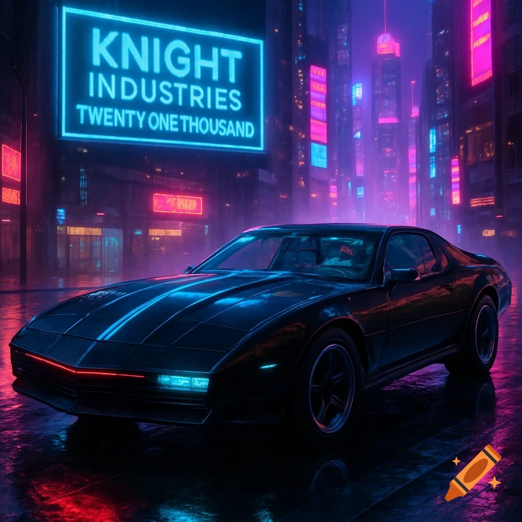 Sleek dark car with blue neon accents on a wet street in a vibrant cyberpunk city at night, under a 'KNIGHT INDUSTRIES' sign.