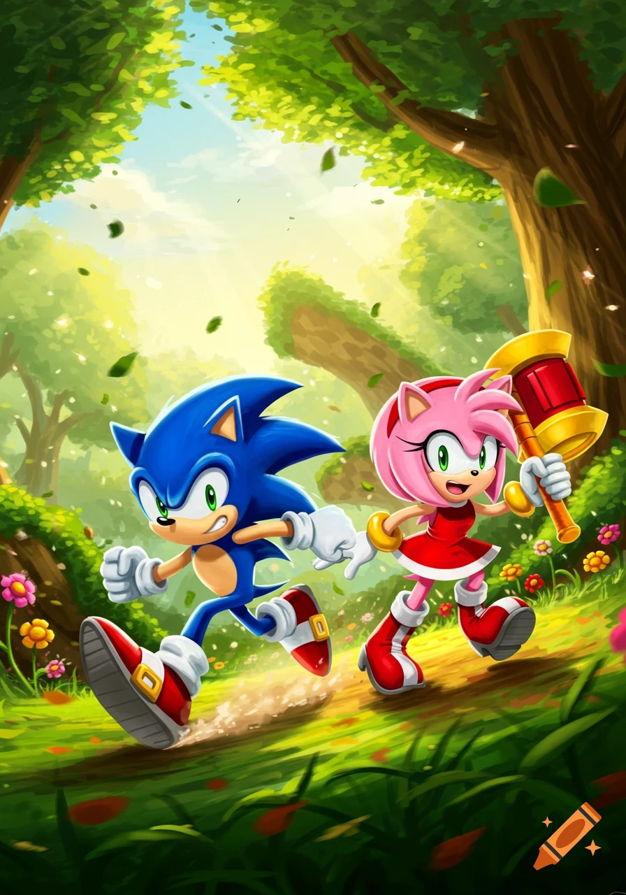 Sonic and Amy Rose running through a sunny, lush green forest with leaves falling, in a vibrant animated style.