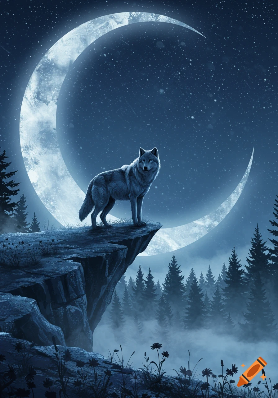 A lone wolf stands on a rocky cliff, looking out over a misty forest under a large crescent moon and starry night sky, digital art.