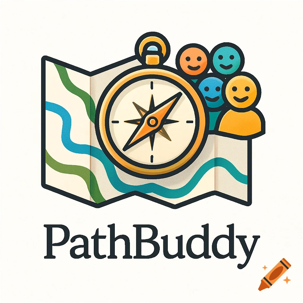 A vibrant logo for PathBuddy, featuring a folded map, a compass, and a group of stylized smiling people. Illustration style.