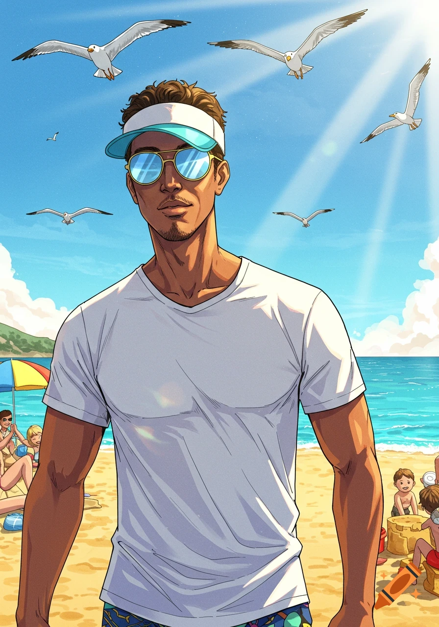 Illustrated man in a visor and sunglasses on a sunny beach with seagulls and other people.