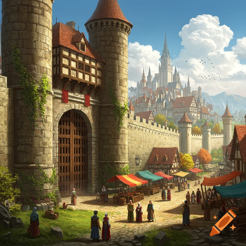 A vibrant medieval city market scene outside a grand stone castle gate, with people browsing colorful stalls.