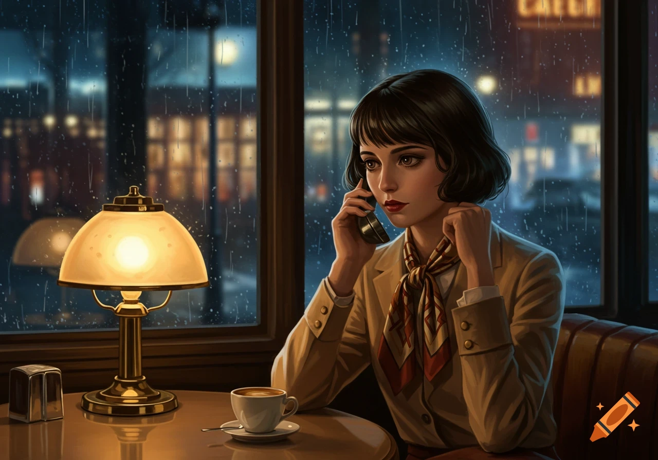 A woman with short dark hair in a cafe talks on a phone, illuminated by a lamp, as rain falls outside a window at night. Digital art.