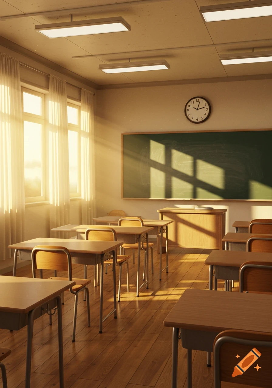 An empty classroom with sunlight streaming through three large windows, a blackboard, a clock on the wall, and rows of wooden desks and chairs.