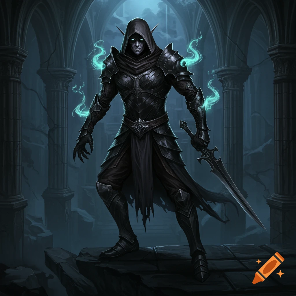 Dark fantasy elf warrior in black hooded armor with glowing eyes and green smoke, wielding a sword in gothic ruins.
