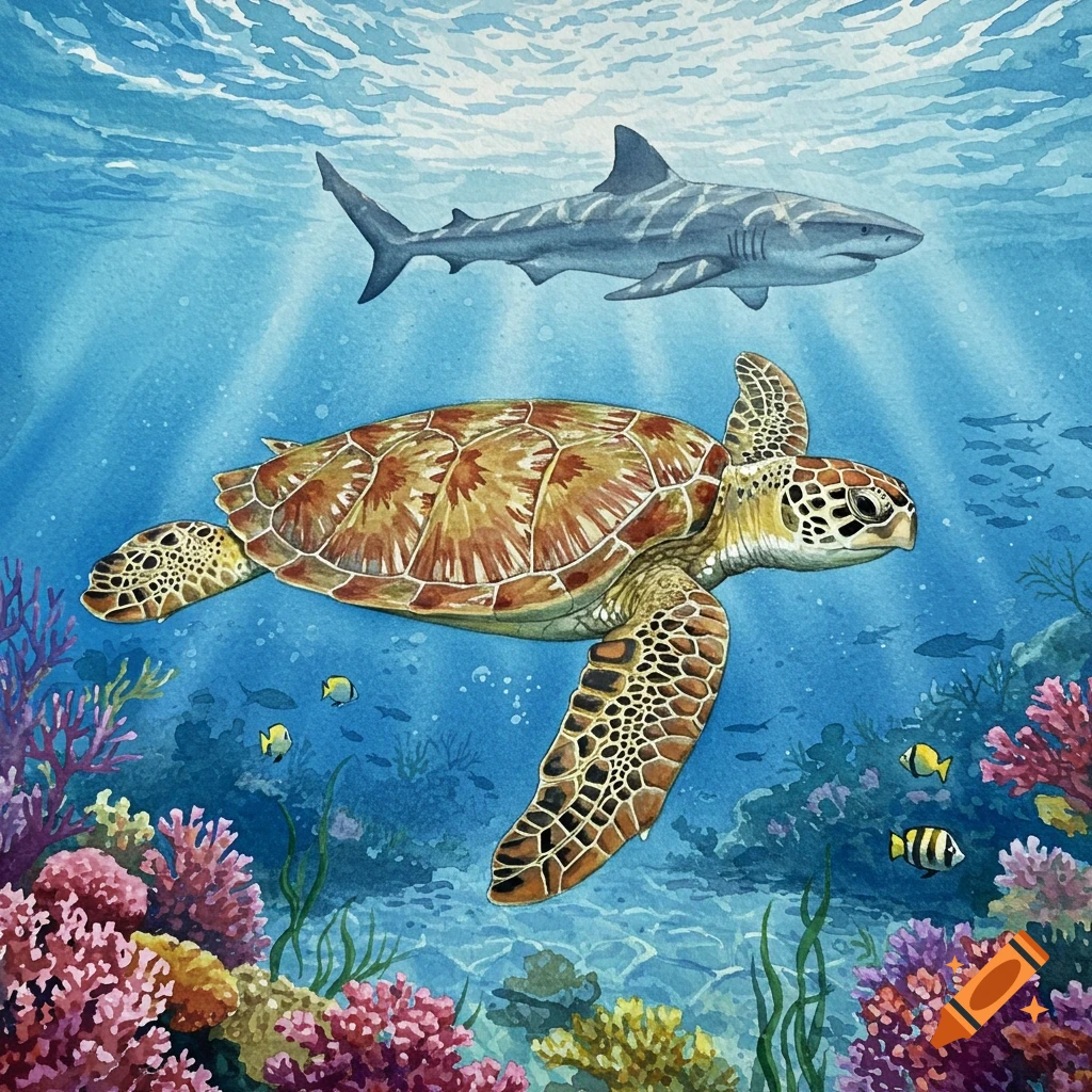 A watercolor painting of a sea turtle swimming over a coral reef, with a shark swimming above it in blue ocean water.
