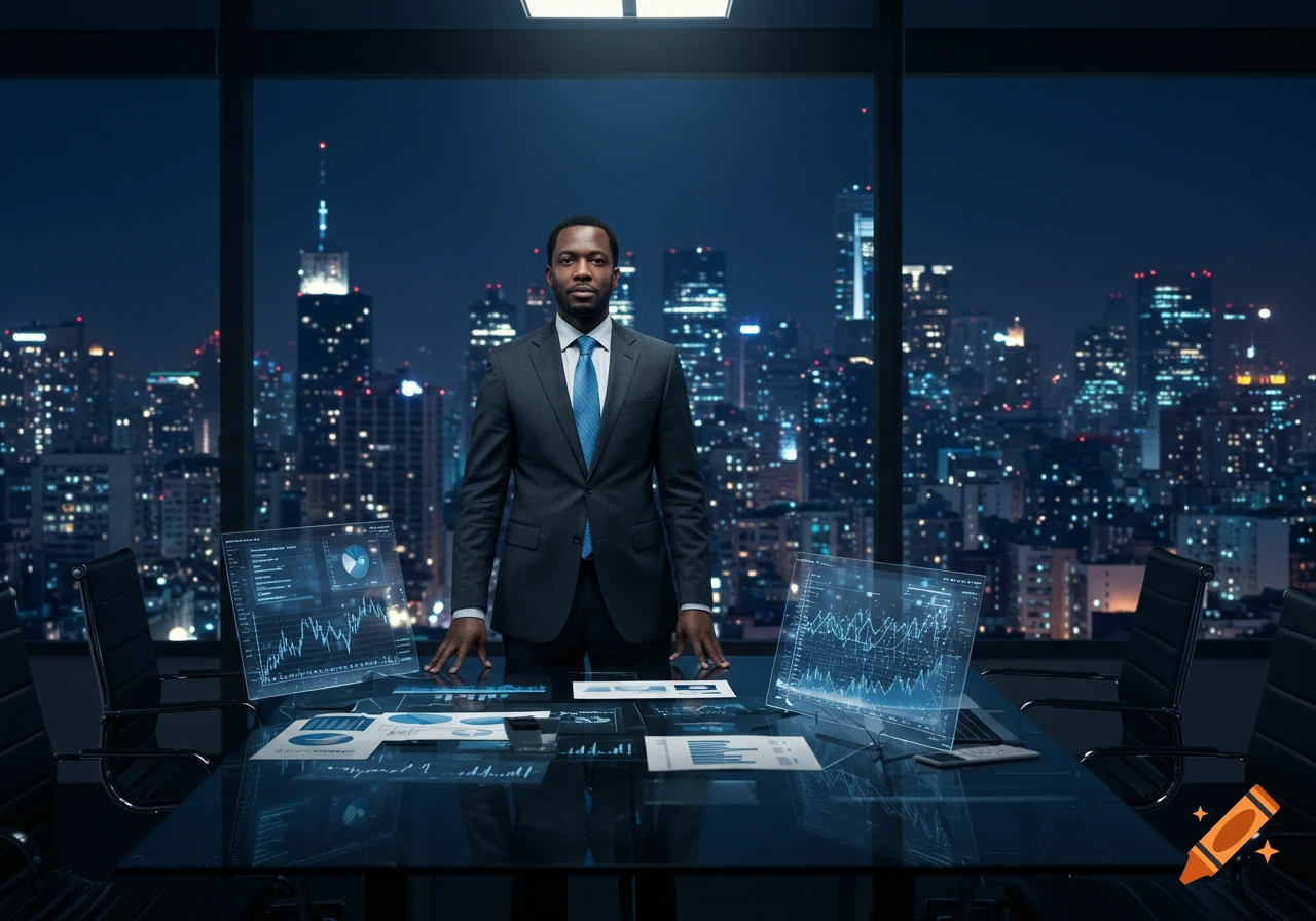 A businessman in a suit stands in a modern office, hands on a glass table with holographic data displays, overlooking a city night skyline.