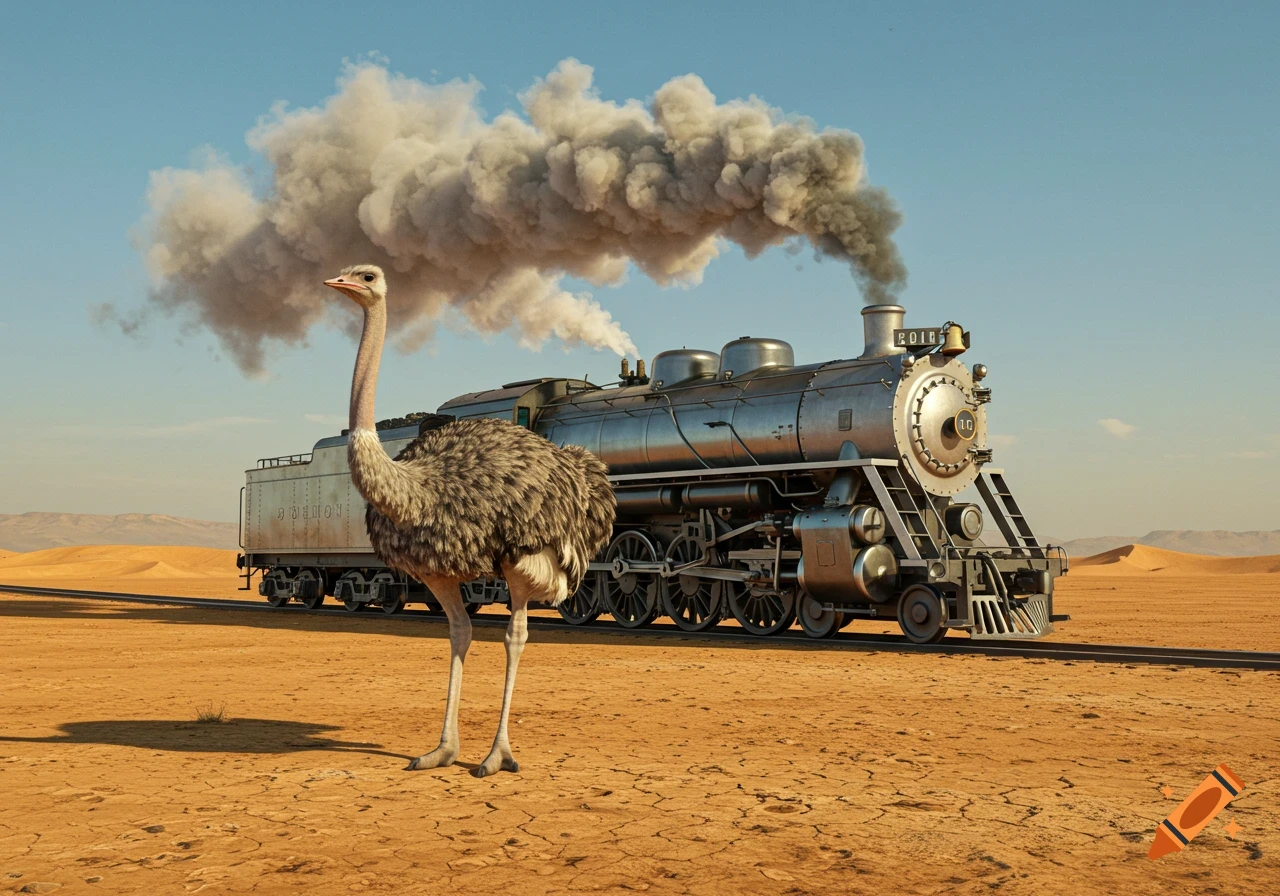 A photorealistic image of a large ostrich standing in the foreground of a vast, cracked desert landscape, with a vintage steam locomotive train on tracks in the mid-ground. The train emits a large plume of smoke against a clear blue sky.
