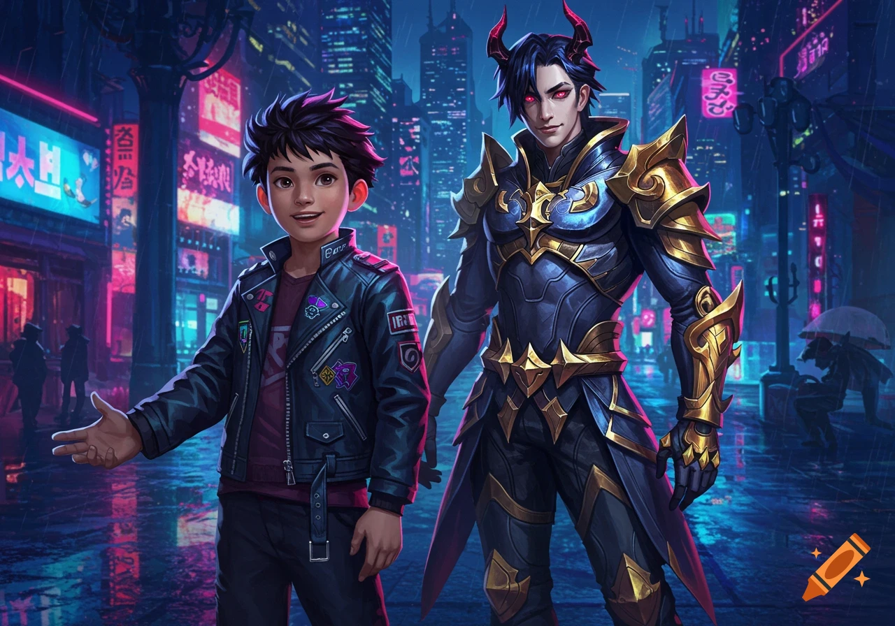 A young boy and a demon-like character in armor stand in a rainy, neon-lit cyberpunk city, in an anime art style.