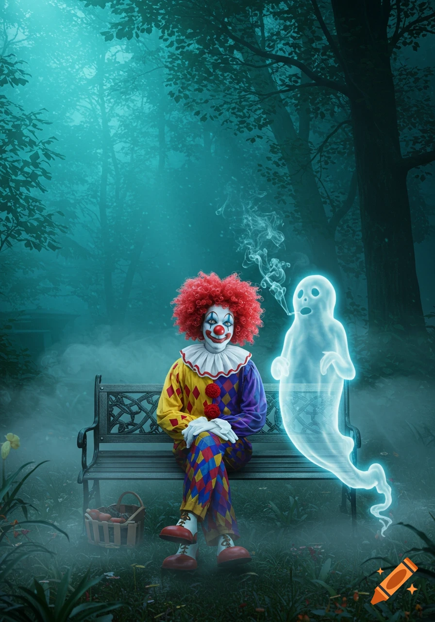 A clown with a red afro and colorful outfit sits on a bench in a misty forest next to a glowing ghost smoking.