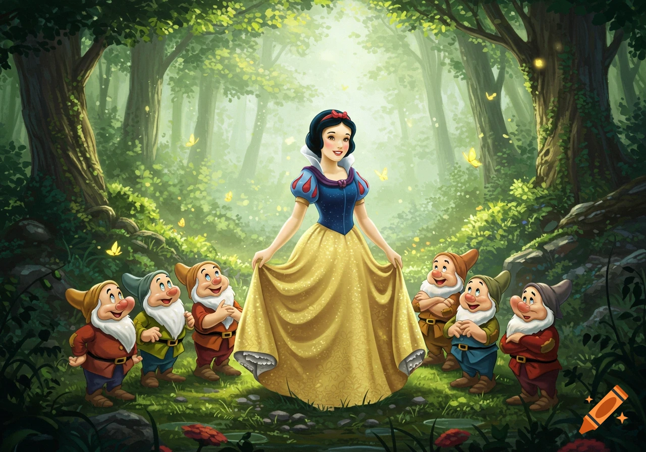 Vibrant illustration of Snow White in a yellow and blue dress, smiling in a magical forest with six happy dwarfs.