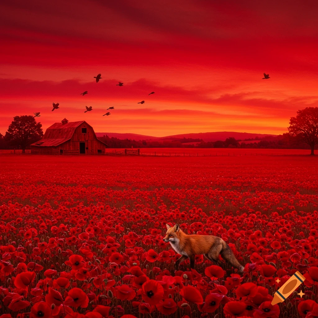 A fox walks through a vast field of red poppies under a dramatic red and orange sunset, with a barn and flying birds in the background.