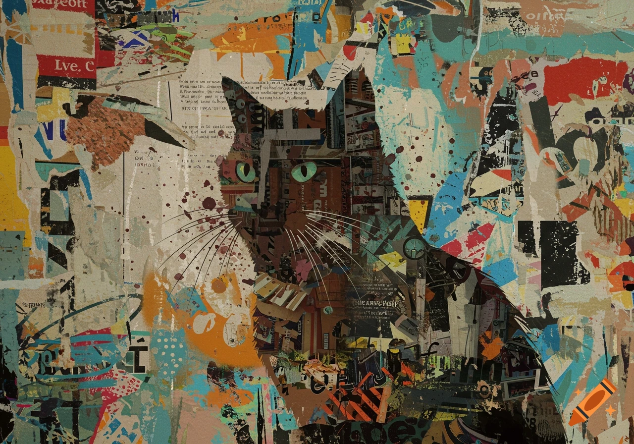 A mixed media collage art piece depicting a cat, composed of torn paper, fragmented text, and paint splatters in a messy, grungy style.