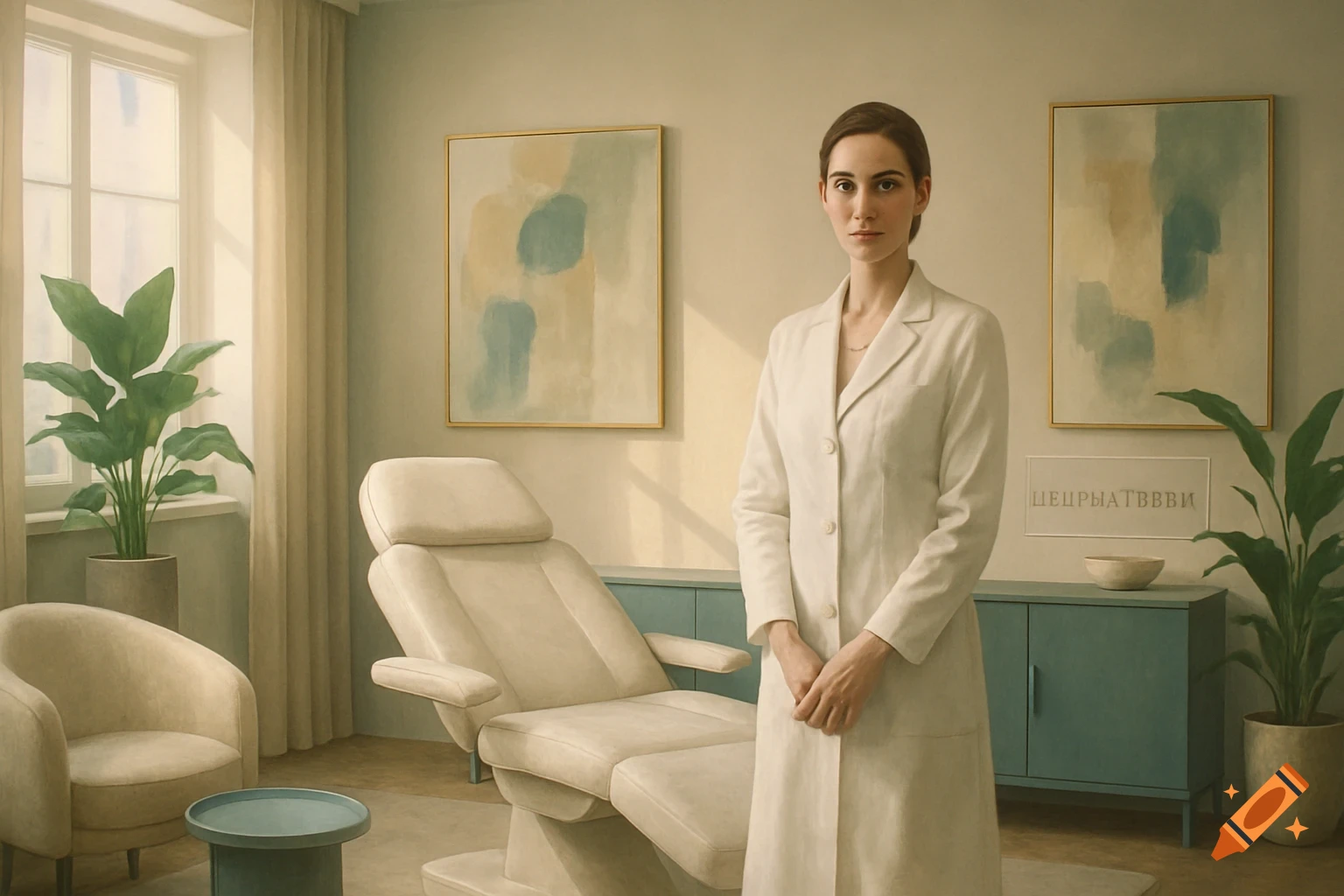 A woman in a white lab coat stands in a bright, modern medical or aesthetician's office with an examination chair and plants.