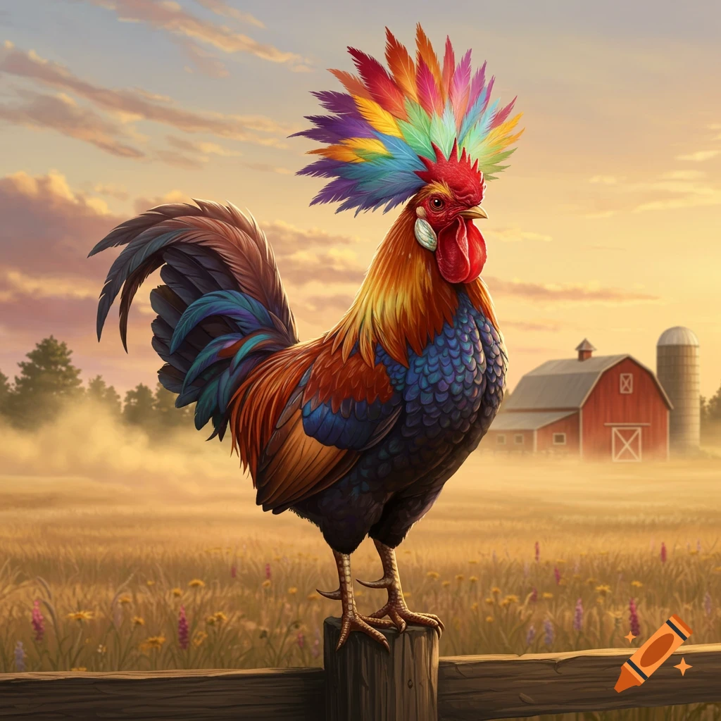 A vibrant rooster with a rainbow feather crest stands on a fence post in a golden farm field at sunset, with a red barn.