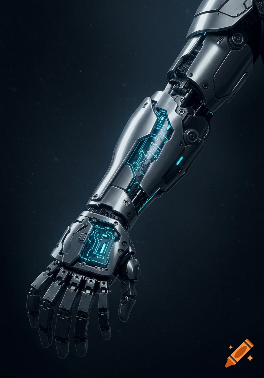 A detailed, metallic futuristic robotic arm with glowing blue internal circuits on a dark background, in a photorealistic style.